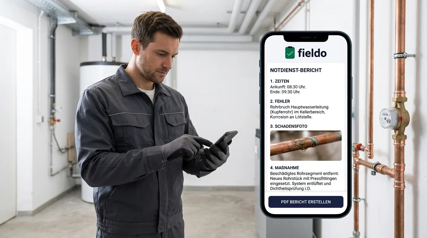 Techniker dokumentiert im Notdienst einen Rohrbruch mit dem Smartphone.