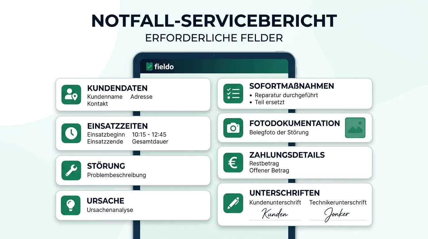 Notdienst-Servicebericht mit Schadensfoto, Zeitstempel und Kurzprotokoll.